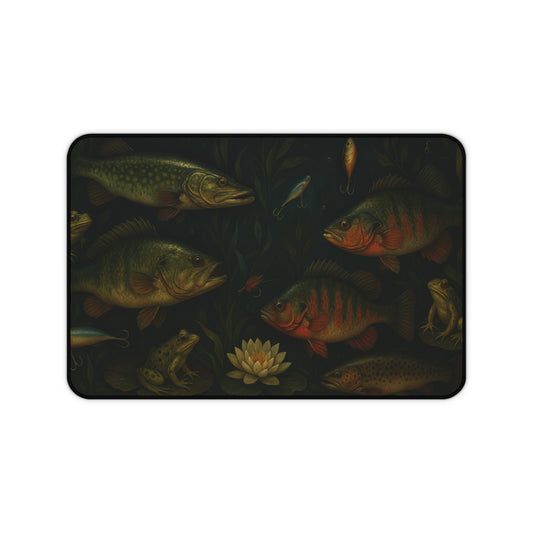 Dark Aquatic Fishing Scene Desk Mat– Fish, Frogs & Lures