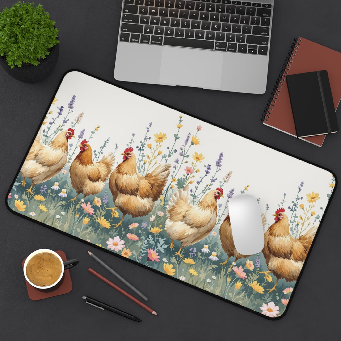 Desk Mat - Chickens and Plants Design