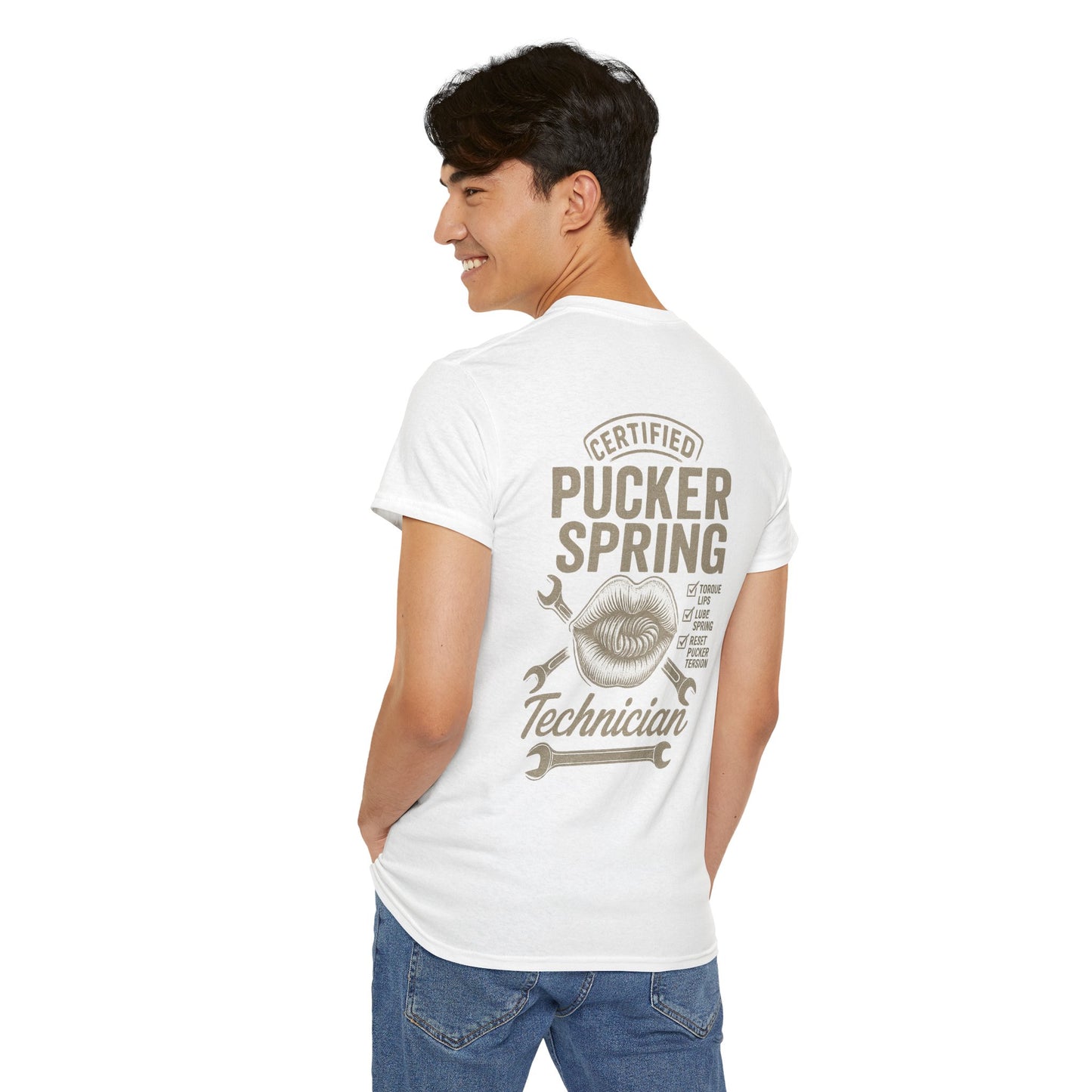 Certified Pucker Spring Technician T-Shirt, Humor Tee, Gift for Technicians, Unisex Cotton Tee, Fun Work Shirt, Quirky Gift Idea