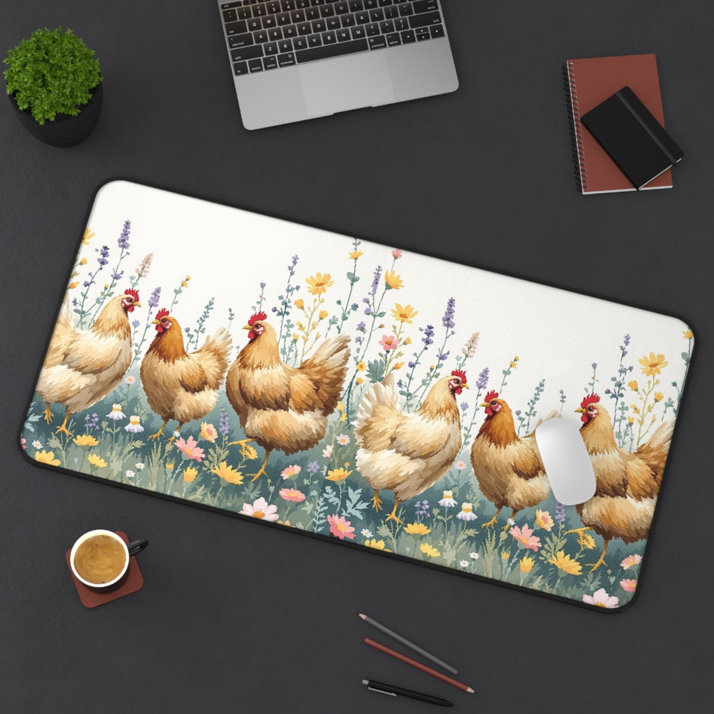 Desk Mat - Chickens and Plants Design
