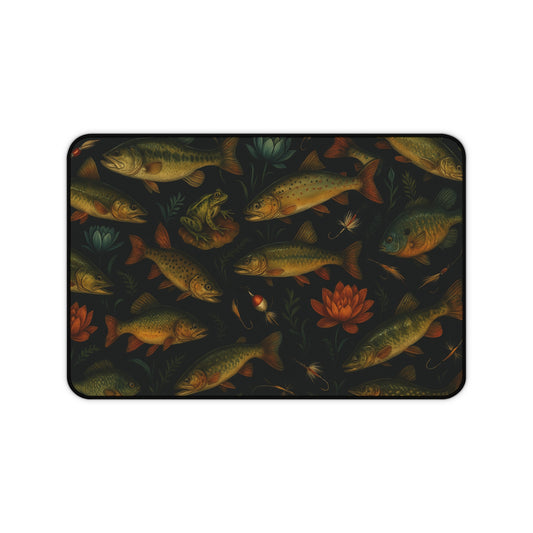 Dark Aquatic Pattern Fishing Desk mat – Frogs, Fish & Lures Wall Art