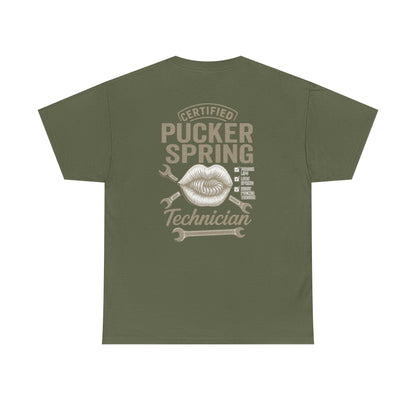 Certified Pucker Spring Technician T-Shirt, Humor Tee, Gift for Technicians, Unisex Cotton Tee, Fun Work Shirt, Quirky Gift Idea
